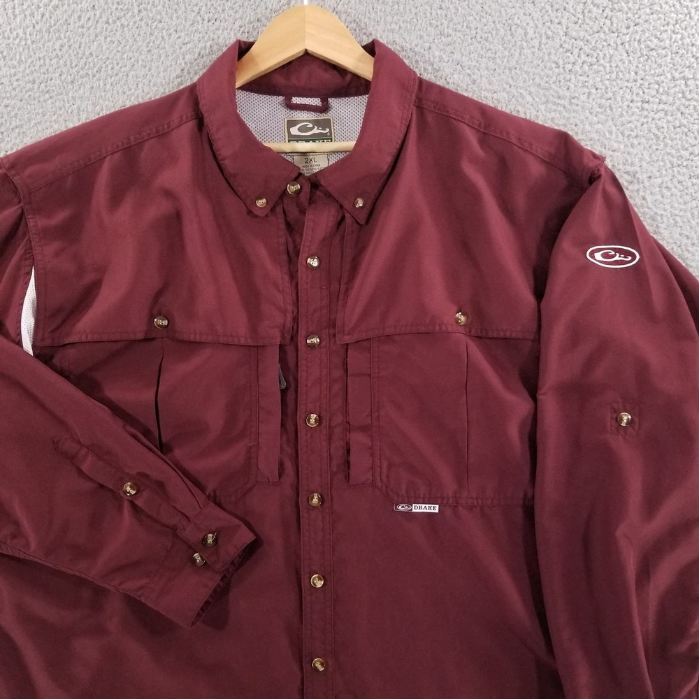 Drake Waterfowl Systems Shirt Mens 2XL Maroon Performance Fishing Vented Outdoor